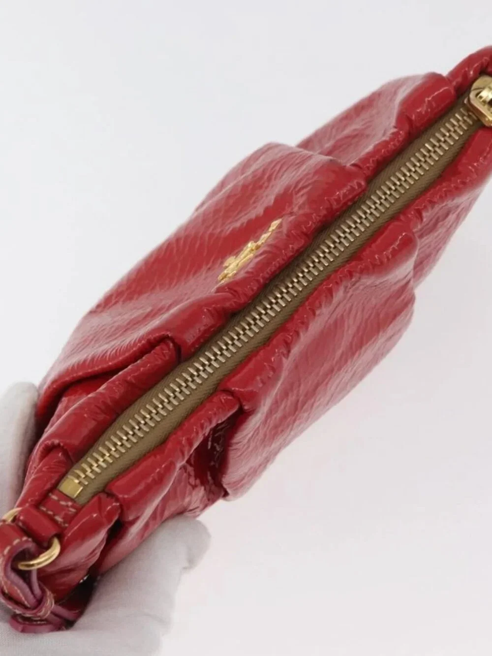 PRADA Pouch Patent leather Red Gold Auth